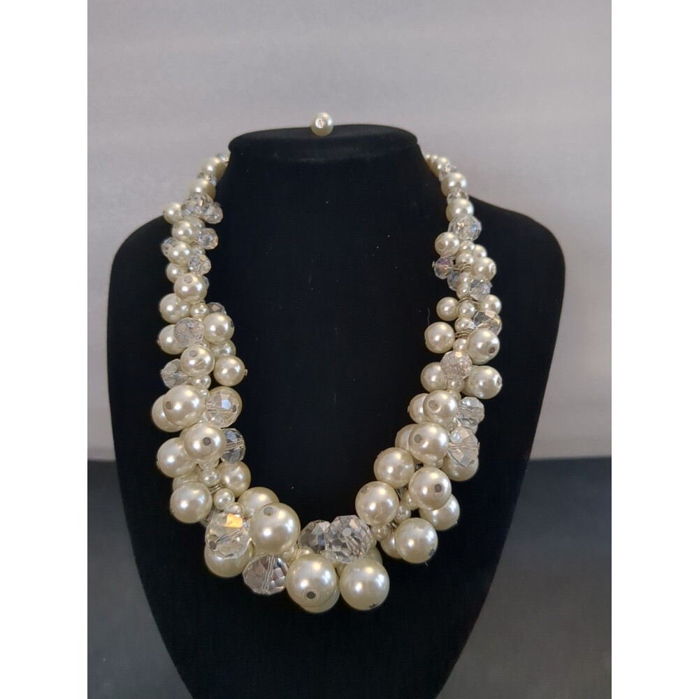 Gathered Grace Cluster Necklace Faux Pearls And Crystal Beads